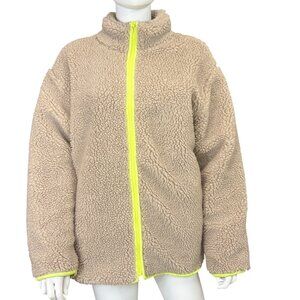 All Row Sherpa Women’s Jacket M/L Beige With Neon Yellow Trim Full Zipper